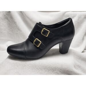 Clarks Black Leather Double Buckle Block Heel Booties 7.5M Office Siren Gothic